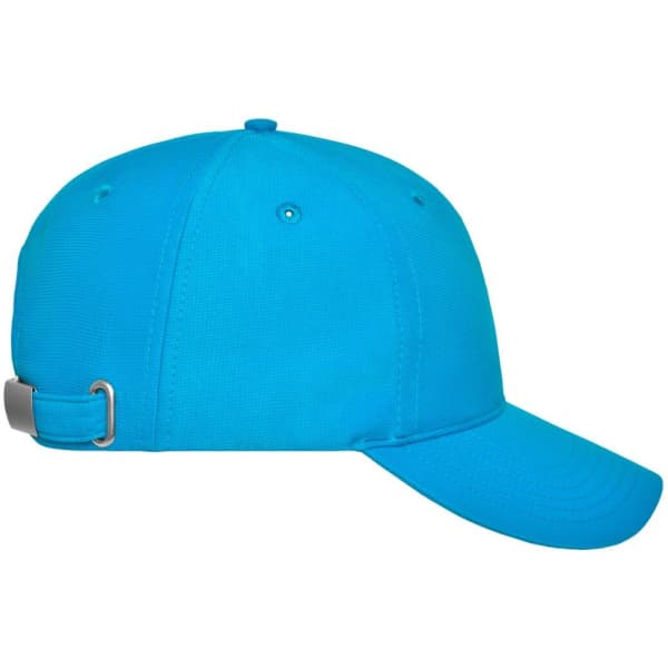 A bright blue 6 panel workwear cap with an adjustable strap and a logo on the side.