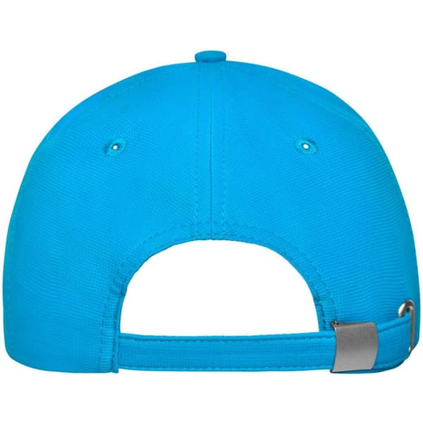 A bright blue 6-panel cap with a metal buckle closure at the back and ventilation eyelets.