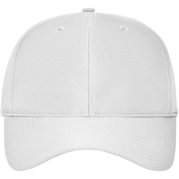 A white six-panel workwear cap featuring a curved brim and a logo.