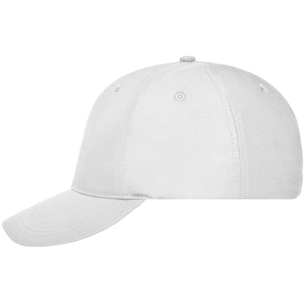 A white 6-panel workwear cap with a curved brim and a logo on the side.