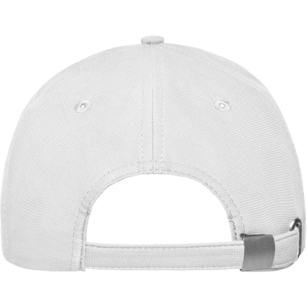 A white six-panel workwear cap featuring adjustable back strap and a logo.