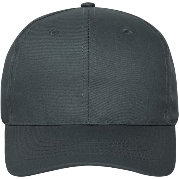 A six-panel cap made from organic cotton in a dark grey colour, featuring a logo on the front.