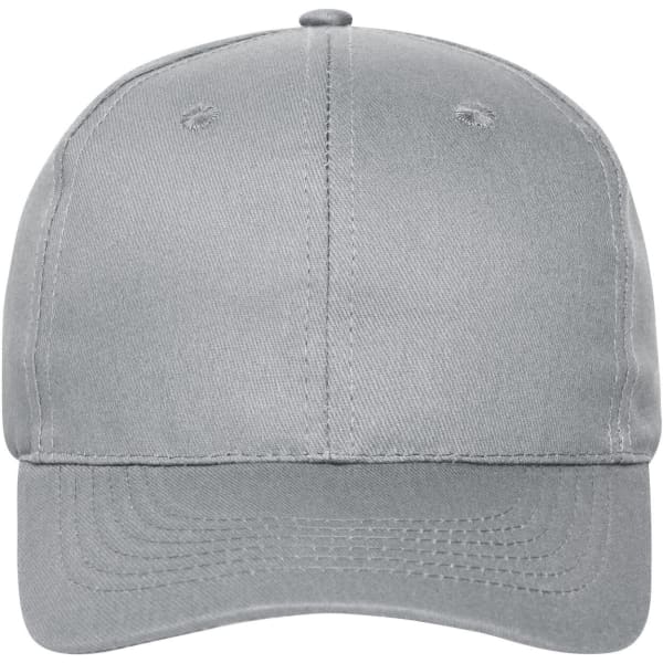 A grey six-panel cap made from organic cotton, featuring a front panel and a logo.