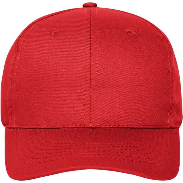 A red 6-panel cap made from organic cotton, featuring an adjustable back and a logo on the front.