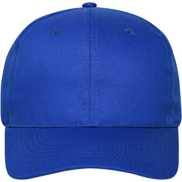 A blue 6-panel cap made of organic cotton, featuring a logo on the front.
