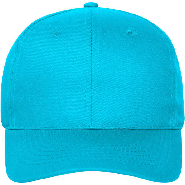 A turquoise 6-panel cap made from organic cotton, featuring a logo on the front.