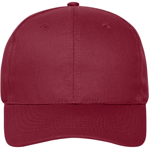 A maroon six-panel cap made from organic cotton, featuring ventilation eyelets and a logo.