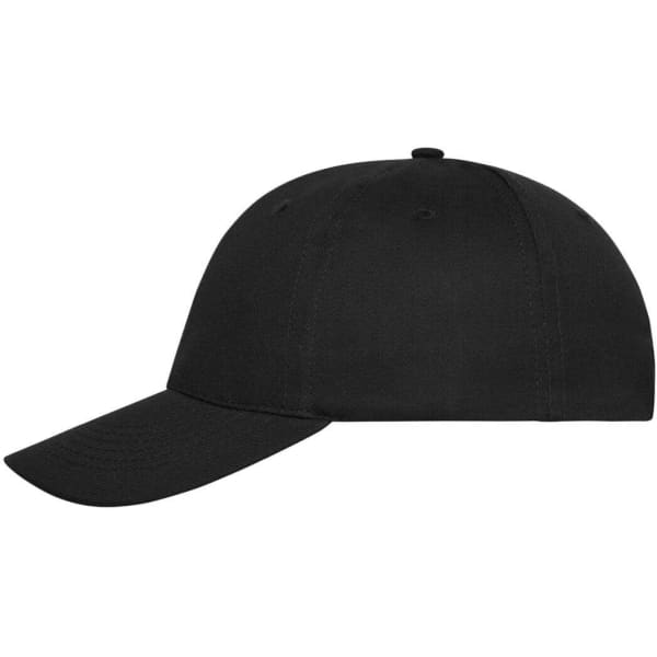 A black 6-panel cap made from organic cotton, featuring a round crown and a curved peak, with a logo.