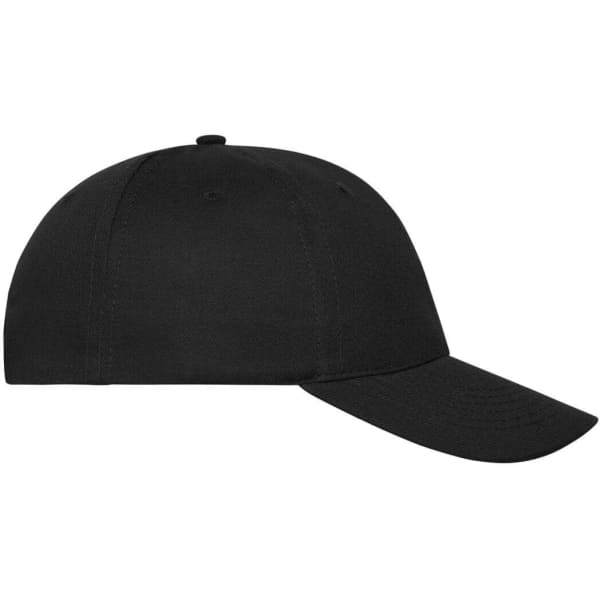 A black 6 panel cap made from organic cotton featuring a plain design and a logo on the side.