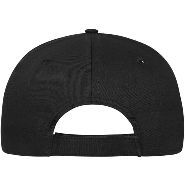 A black 6 panel cap made of organic cotton, featuring a logo and an adjustable strap at the back.