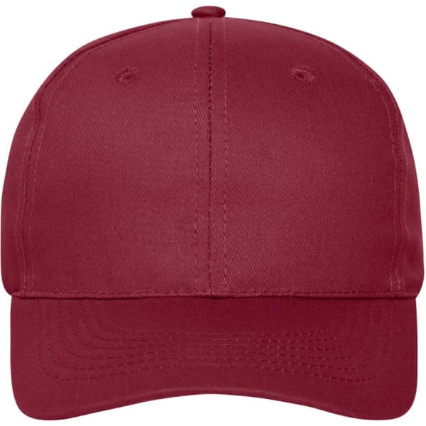 A maroon 6 panel cap made from organic cotton, featuring a logo on the front. 