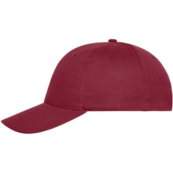 A maroon six-panel cap made from organic cotton, featuring a curved brim and a logo on the side.