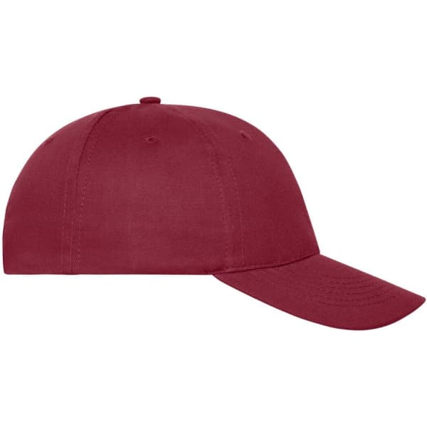 A maroon six-panel cap made from organic cotton, featuring a logo on the front.