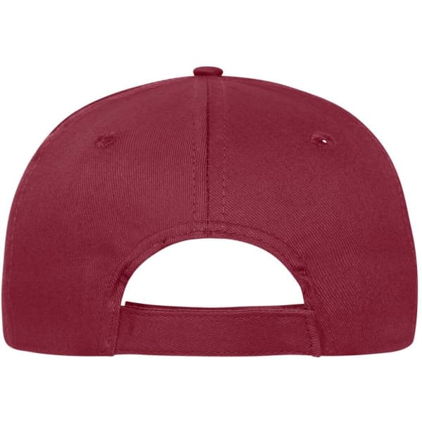 A maroon 6-panel cap made from organic cotton, featuring a back adjuster and a branding logo.