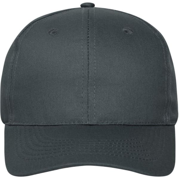 A dark grey 6-panel cap made from organic cotton, featuring a logo on the front.