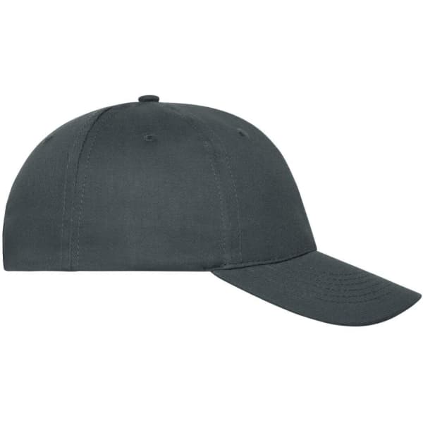 A grey 6 panel cap made of organic cotton, featuring a rounded crown and a curved brim. It has a logo on the side.
