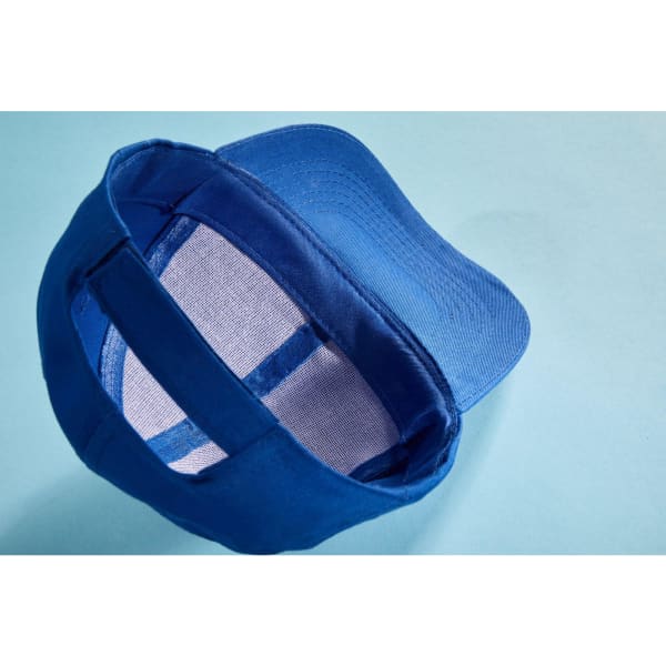 A blue organic cotton 6-panel cap with a structured peak and adjustable strap, featuring a logo inside.