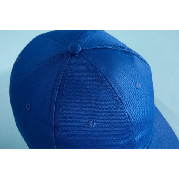A blue 6-panel cap made of organic cotton, featuring a logo on the front.