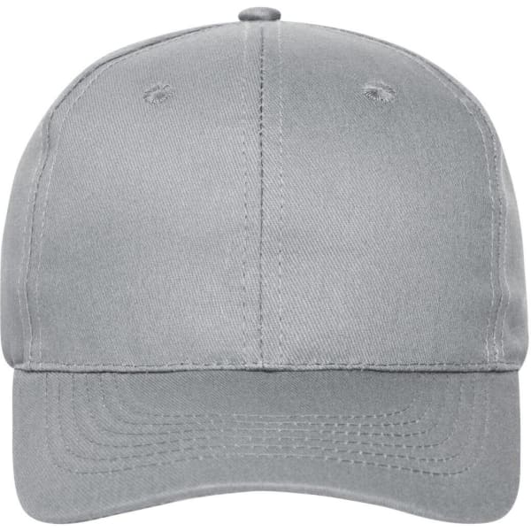 A grey six-panel cap made from organic cotton, featuring a logo on the front.