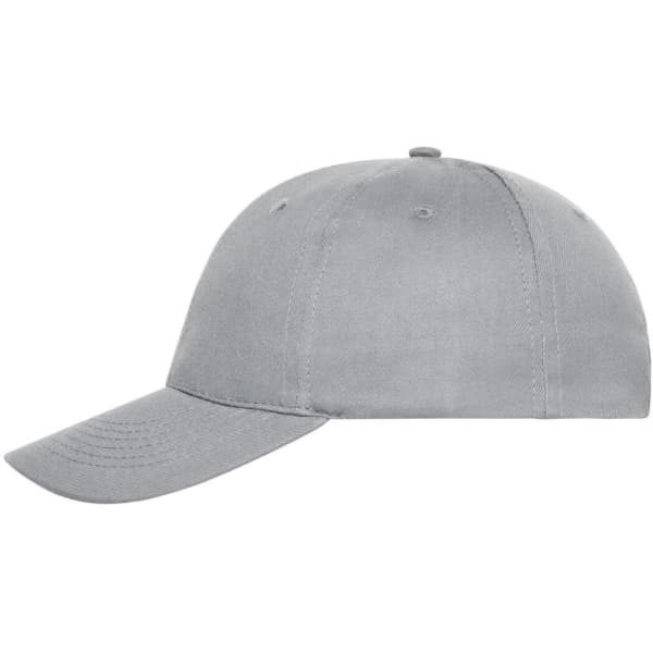 A grey six-panel cap made of organic cotton, featuring a curved brim and a logo on the side.
