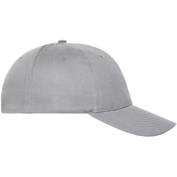 A grey six-panel cap made from organic cotton, featuring a curved peak and a logo on the side.