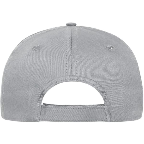 A grey 6 panel cap made from organic cotton, featuring a back strap and a logo.
