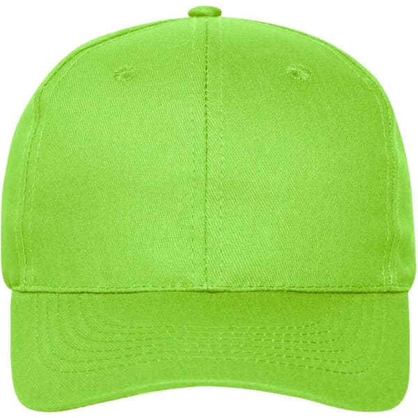 A vibrant green 6-panel cap made of organic cotton, featuring a logos on the front. 