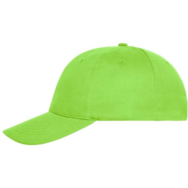 A vibrant green six-panel cap made from organic cotton, featuring a logo on the front.