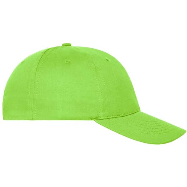 A bright green six-panel cap made from organic cotton, featuring a curved peak and a logo.
