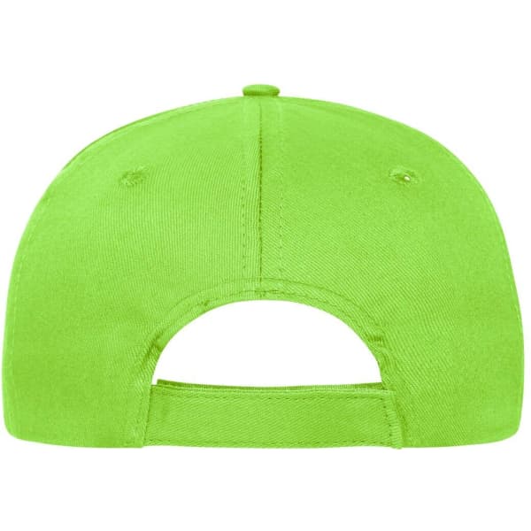 A bright green 6-panel cap made of organic cotton, featuring an adjustment strap at the back and a logo.