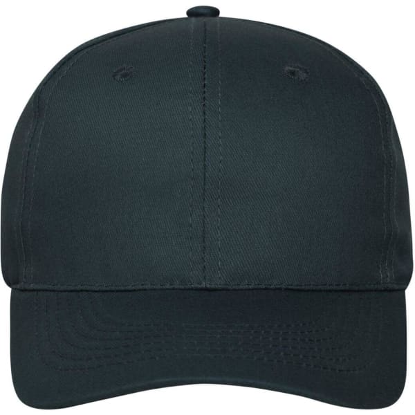 A dark green 6 panel cap made of organic cotton, featuring a stitched brim and ventilation holes.
