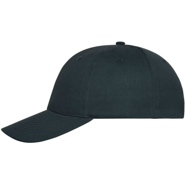 A dark green six-panel cap made of organic cotton with a curved brim and a logo on the front.