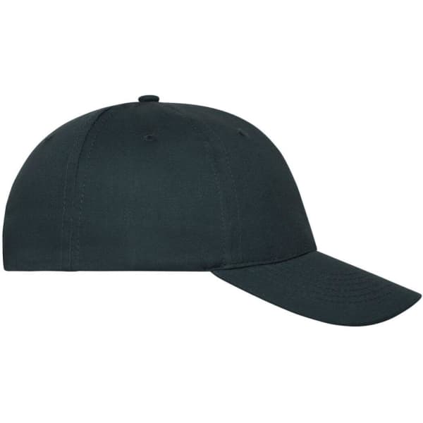 A dark green six-panel cap made of organic cotton, featuring a logo.