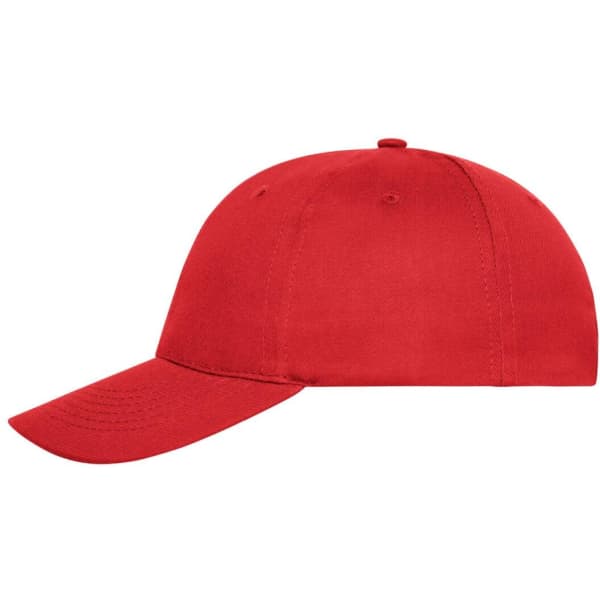 A red 6-panel cap made of organic cotton, featuring a curved brim and a logo on the front.