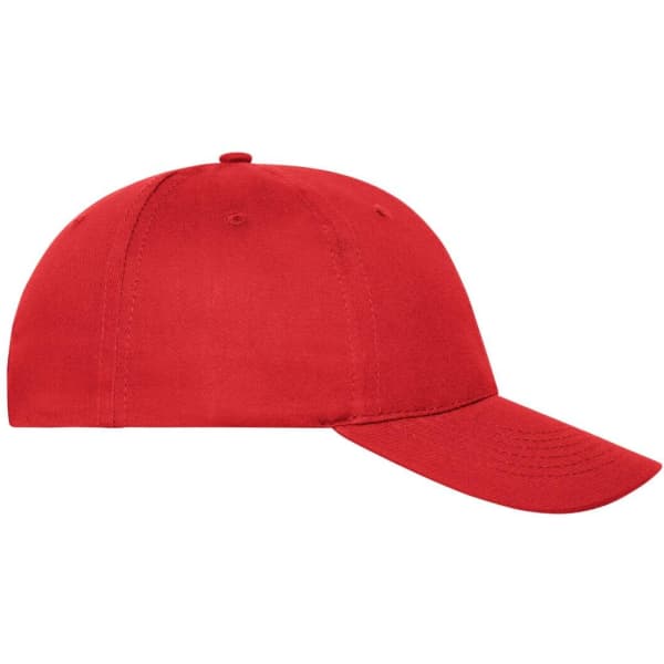 A red 6-panel cap made from organic cotton with a logo on the front.