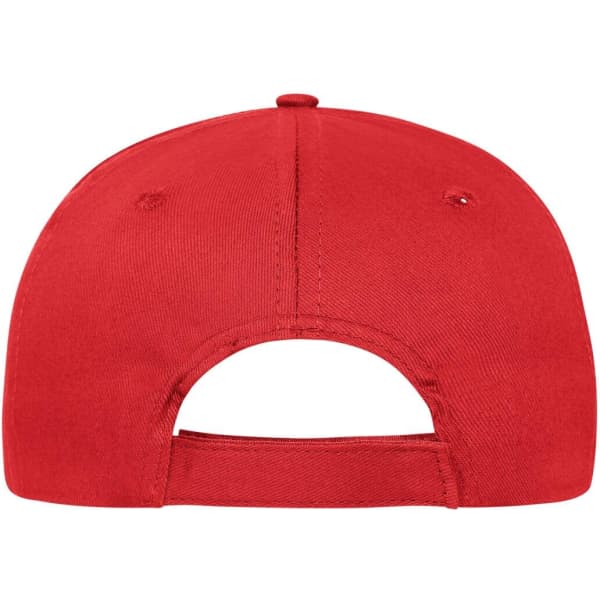 A red six-panel cap made from organic cotton, featuring an adjustable strap and a logo on the back.