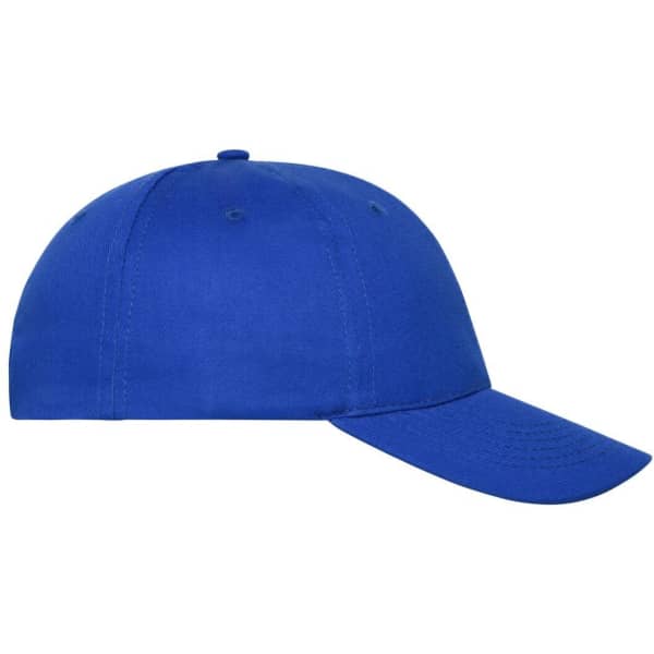 A blue 6 panel cap made of organic cotton, featuring a curved brim and an embroidered logo.