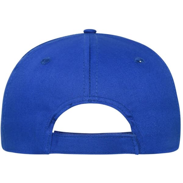 A blue 6-panel cap made from organic cotton, featuring an adjustable strap at the back and a logo.