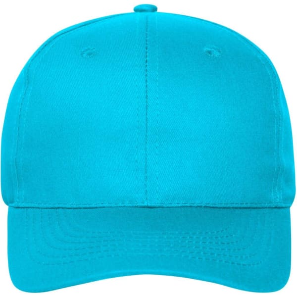 A six-panel cap in vibrant turquoise colour made of organic cotton, featuring a logo on the front.