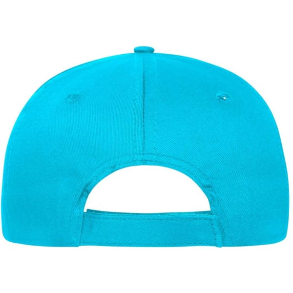 A turquoise 6-panel cap made of organic cotton, featuring an adjustable strap at the back.