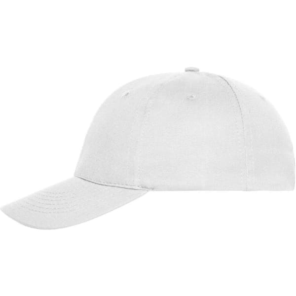 A white 6 panel cap made from organic cotton, featuring a curved brim and a logo.