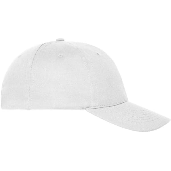 A white 6-panel cap made from organic cotton, featuring a curved brim and a logo on the front.