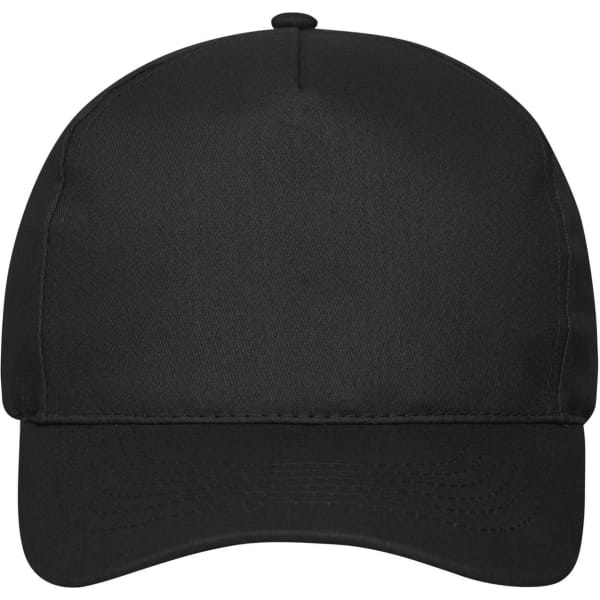 A black 5 panel cap made of organic cotton, featuring a rounded crown and a visor. It has a logo on the front.