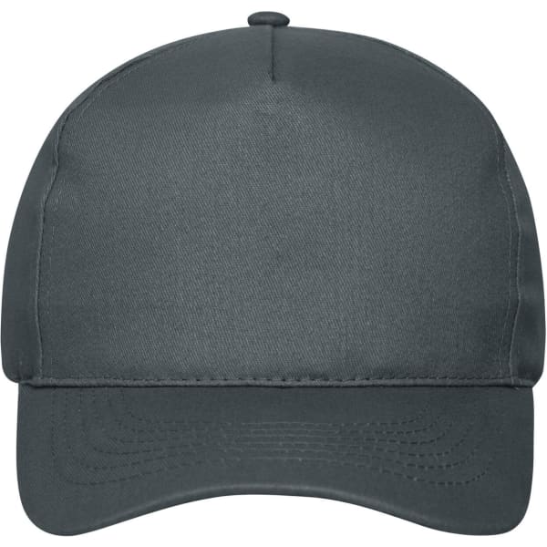 A dark grey 5-panel cap made from organic cotton, featuring a plain design and a logo on the front.