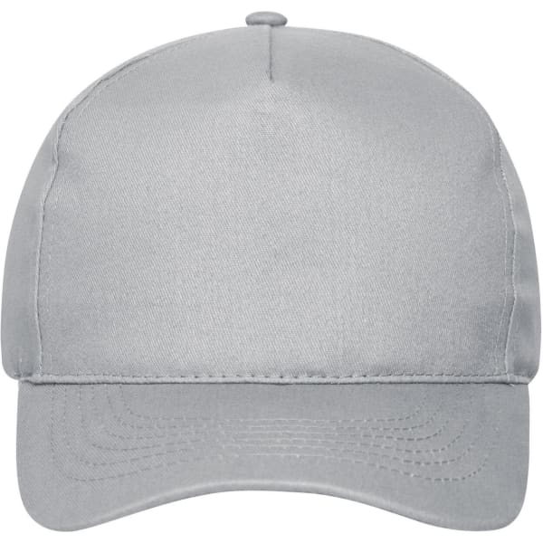 A grey 5-panel cap made from organic cotton, featuring a structured crown and a curved brim, with a logo.