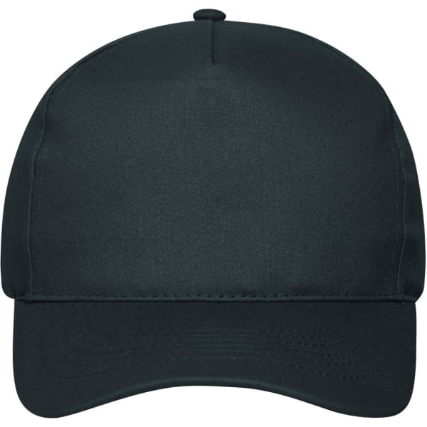 A black 5-panel cap made of organic cotton, featuring a curved brim and a logo on the front.