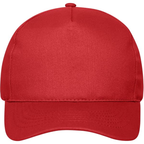 A solid red 5 panel cap made from organic cotton, featuring a stitched brim and a logo on the front.