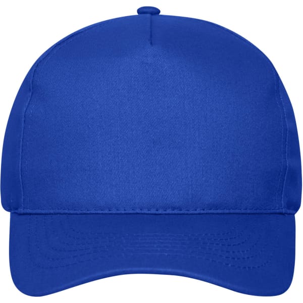 A blue 5 panel cap made of organic cotton, featuring a structured design and a logo on the front.