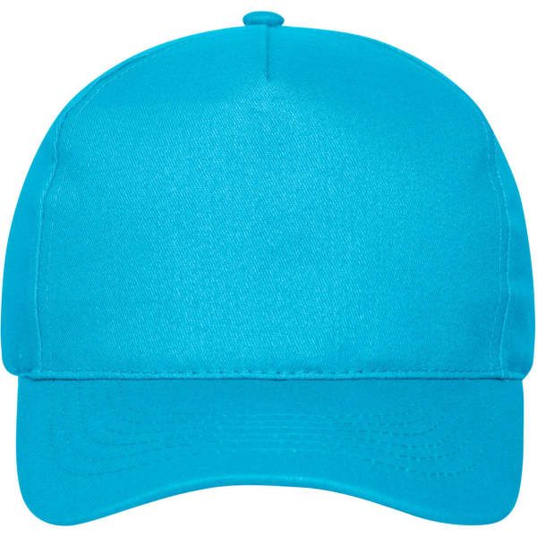 A vibrant turquoise 5 panel cap made from organic cotton, featuring a rounded crown and a curved peak.