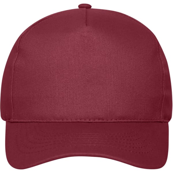 A maroon 5-panel cap made of organic cotton, featuring a smooth surface and a curved brim.